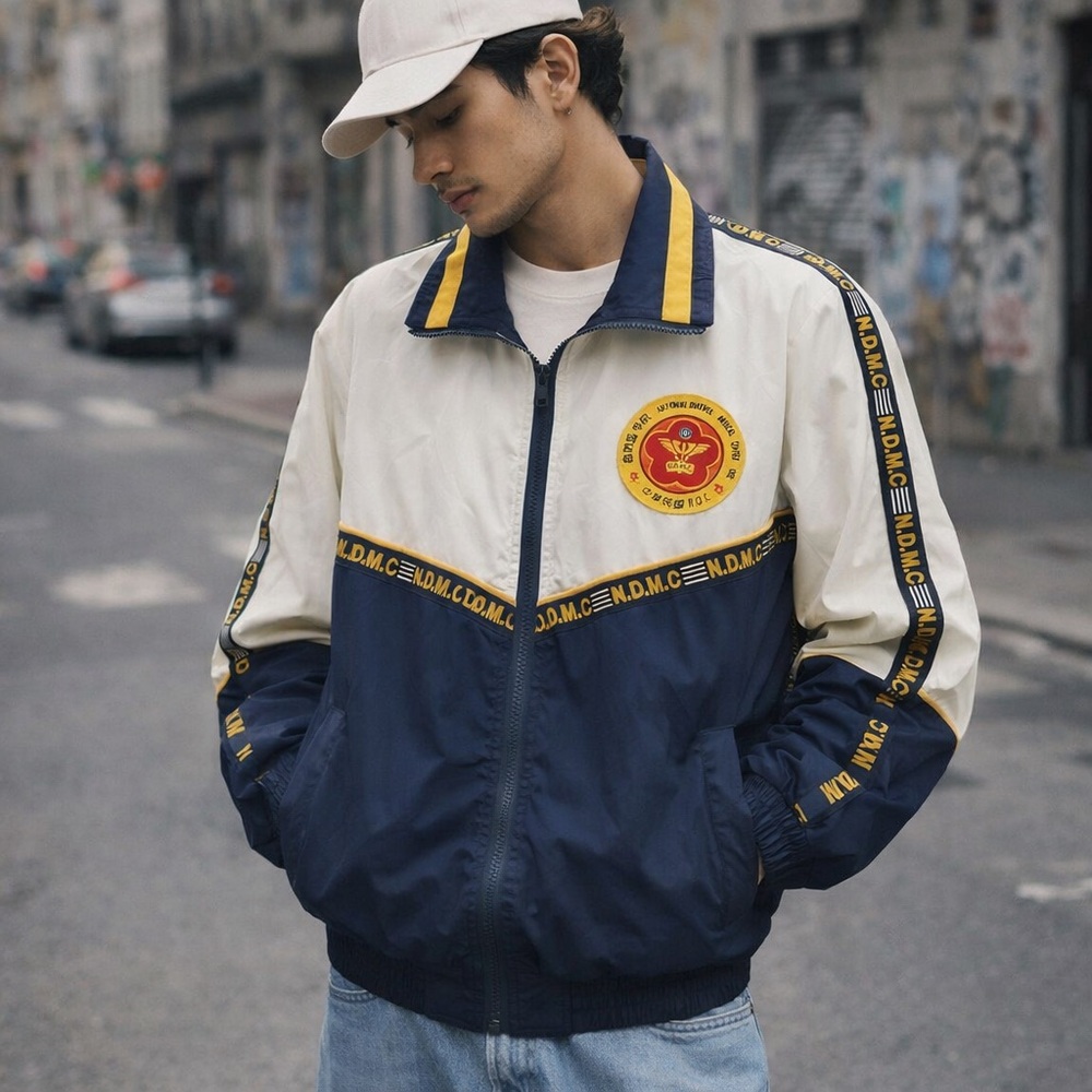 Vintage NDMC Military Academy Windbreaker Track Jacket Navy Cream Gold M